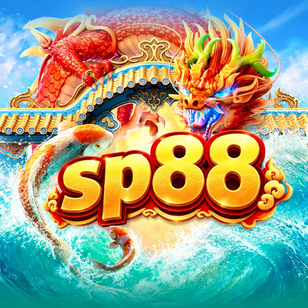 sp88 Dragon Legend memperlihatkan naga emas megah dan ikan koi di atas deburan ombak