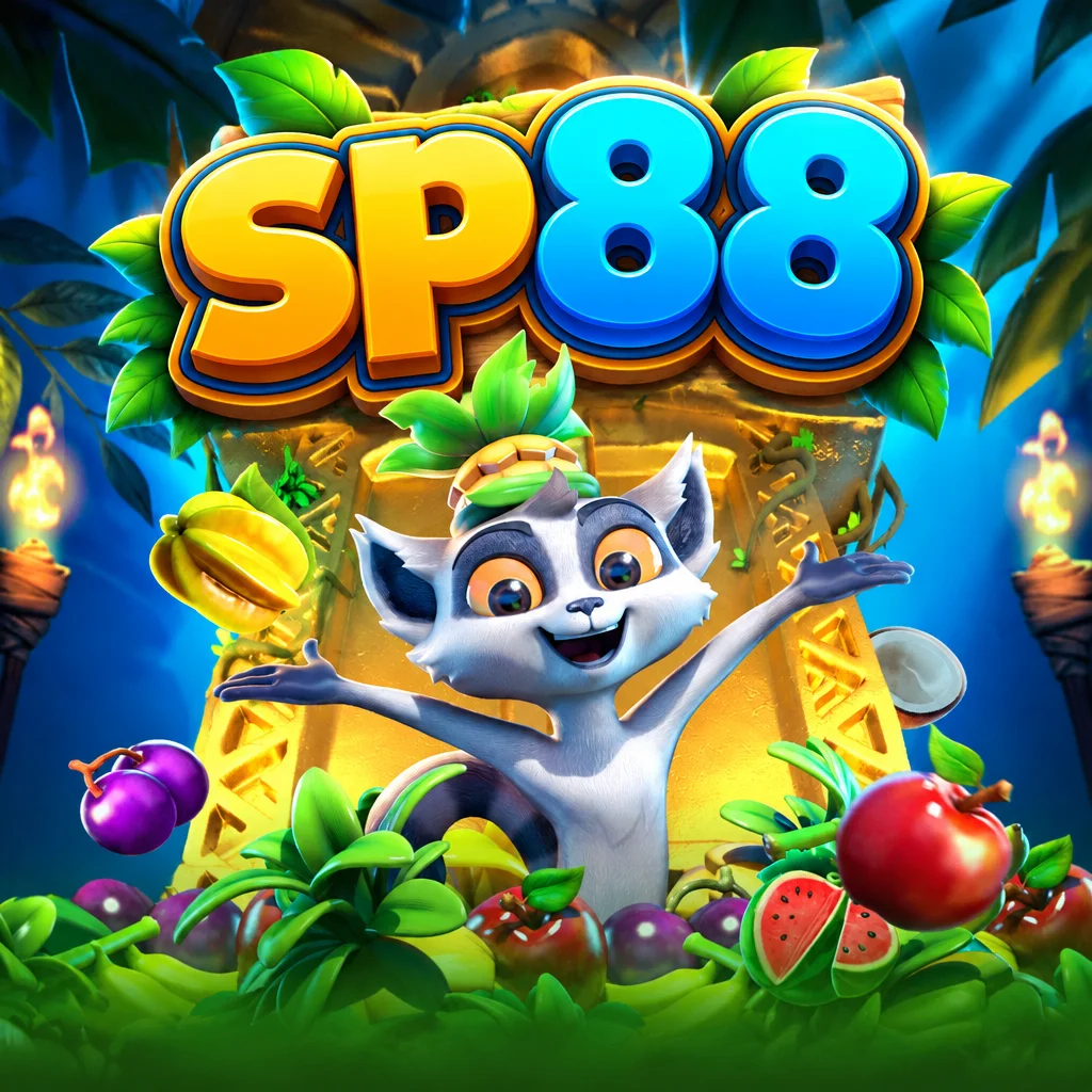 sp88 Jungle Delight menampilkan karakter lemur ceria di antara buah-buahan tropis